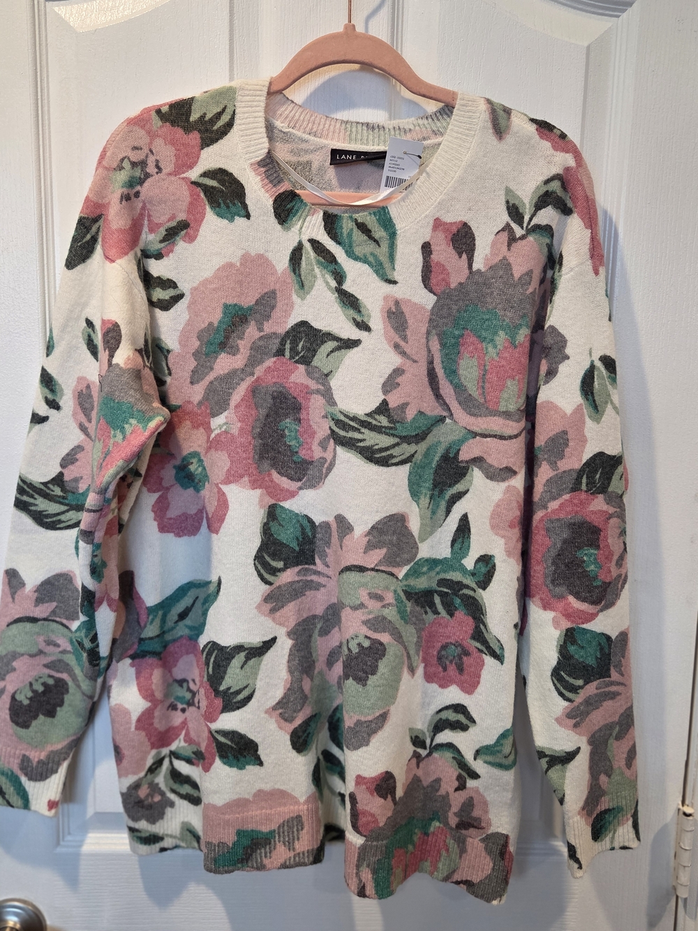 Lane Bryant Cream Floral Crewneck Sweater with Pink and Green Blooms